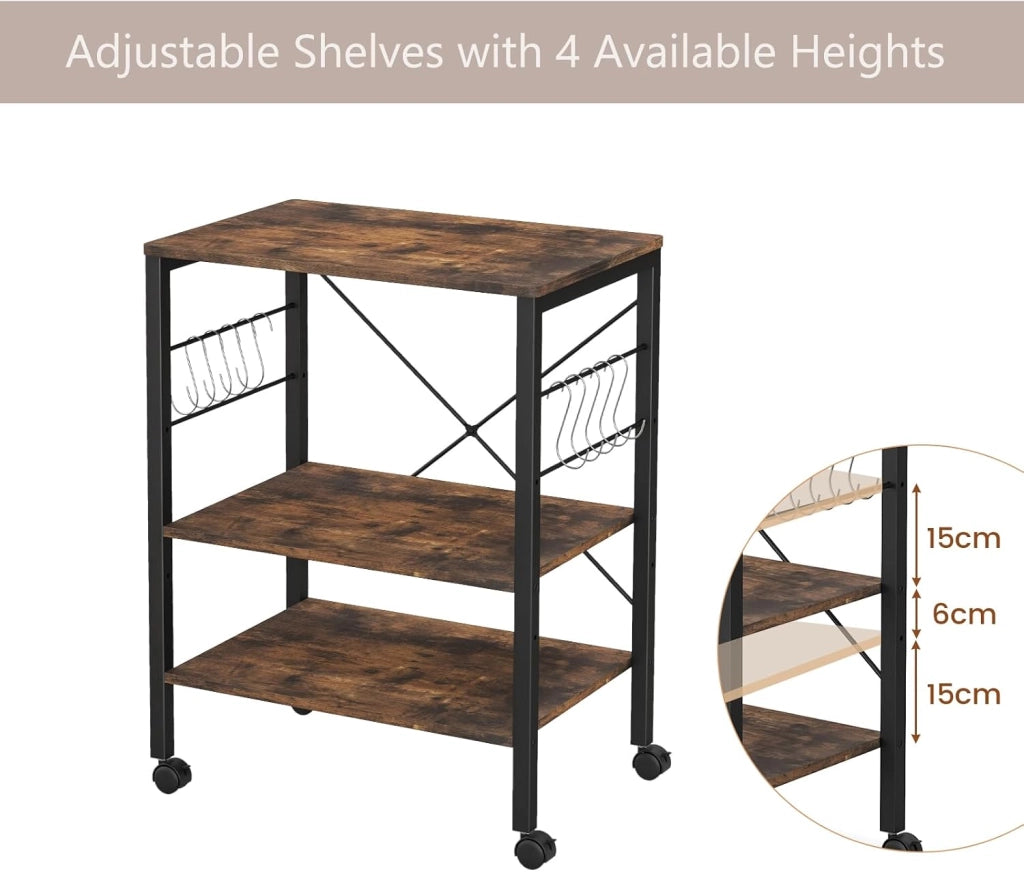 Carrello da Cucina con Rotelle, Carrello a 3 Livelli con Ripiani Regolabili e 10 Ganci a S, Carrello di Servizio in Legno e Metallo, Carrello Multiuso per Ufficio Cucina (Industria)