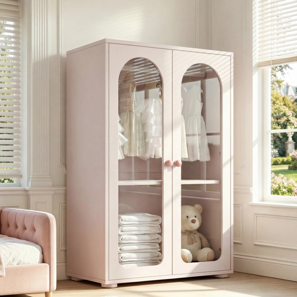 Armadio a 2 ante con ripiani regolabili e ante trasparenti in acrilico, per camera, rosa baby, 80 × 50 × 120 cm