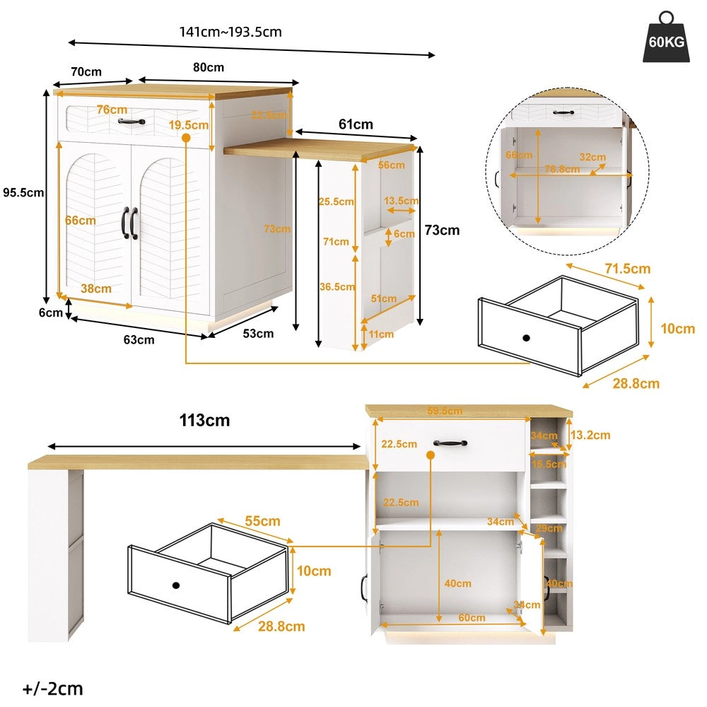 Isola Cucina con Luce LED e Tavolo Estraibile ¨C Xylo ¨C 2 Cassetti, 4 Ante, Nero/Bianco