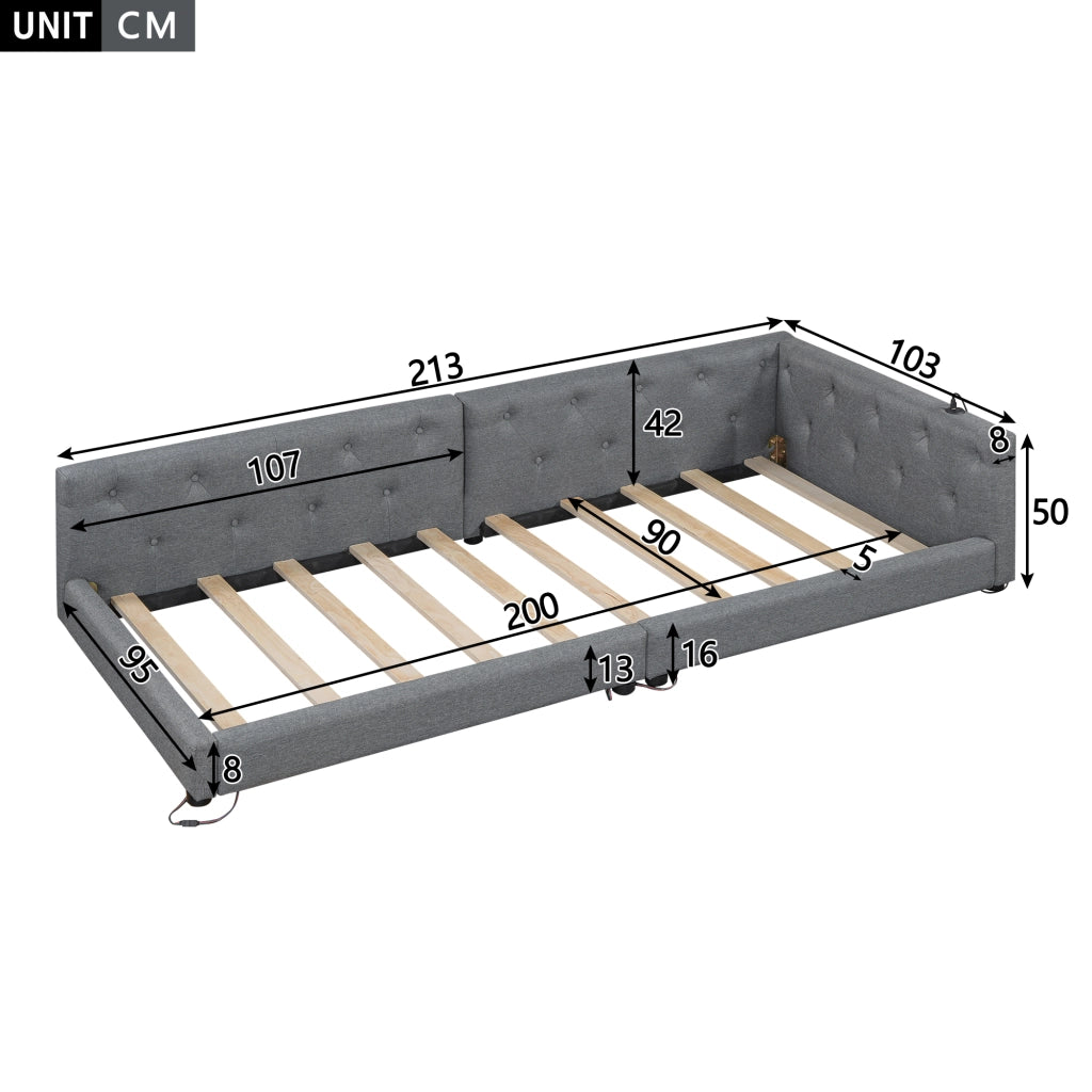 Letto divano con rete a doghe in lino grigio 90x200 cm