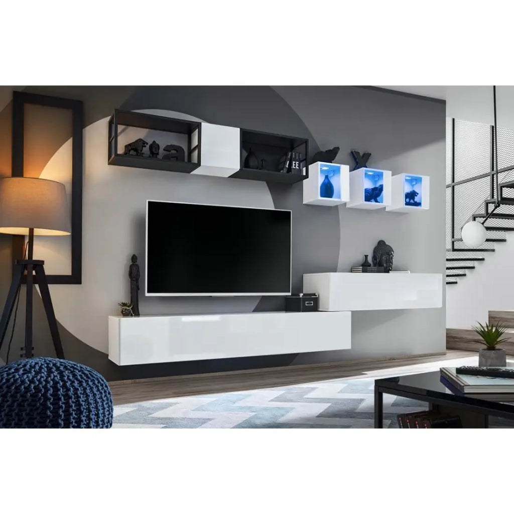 Set mobili da salotto industriale SWITCH M3 – Bianco – LED integrati & sistema Push to Open
