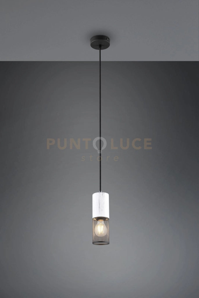 TOSH SOSPENSIONE CILINDRO GABBIA METALLO NERO OPACO E LEGNO BIANCO ANTICO D. 10CM 1 LUCE ATTACCO E27