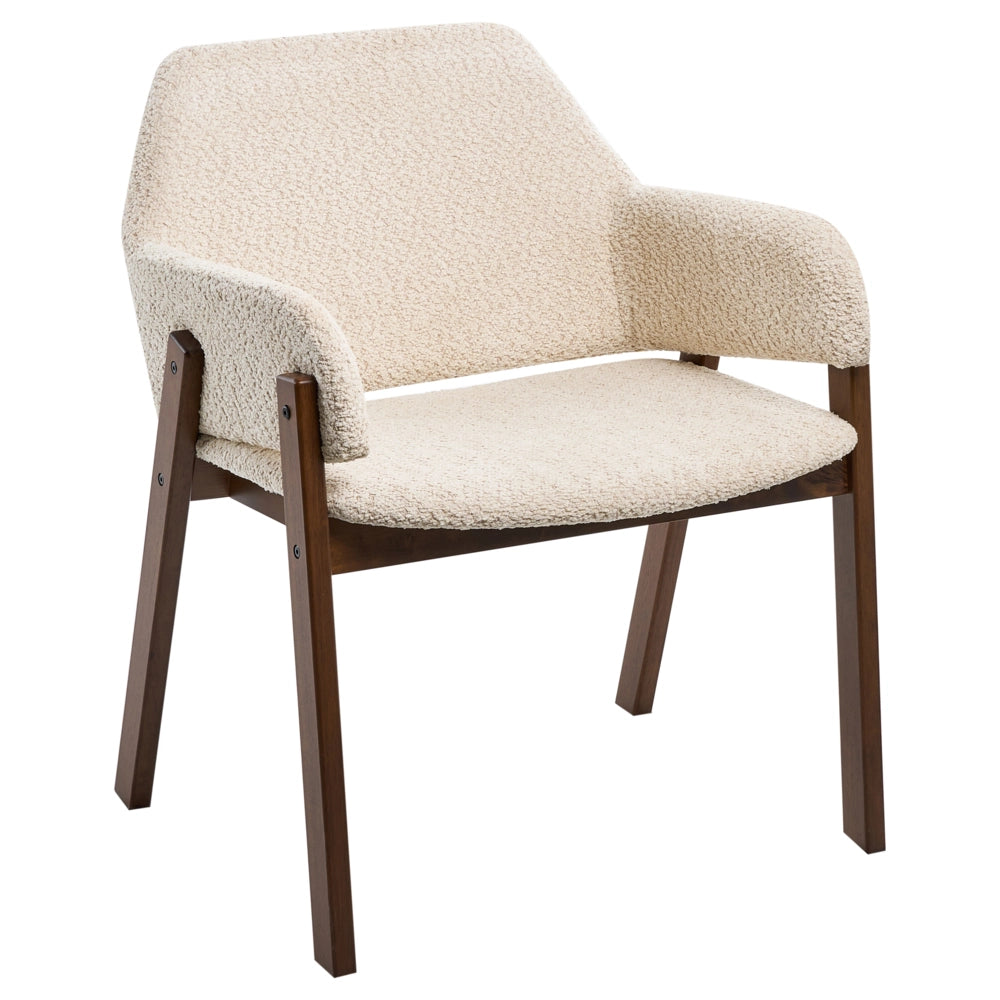 Set di 2 sedie da pranzo in tessuto bouclé marrone scuro e beige chiaro, con gambe in legno di gomma, stile retrò tradizionale