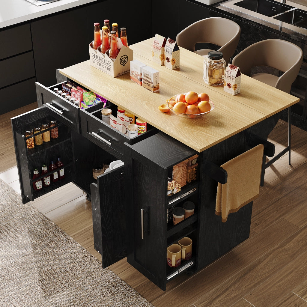 Carrello da cucina con piano ribaltabile; vani contenitore e ruote bloccabili; MDF nero; 110 x 46 x 90;5 cm