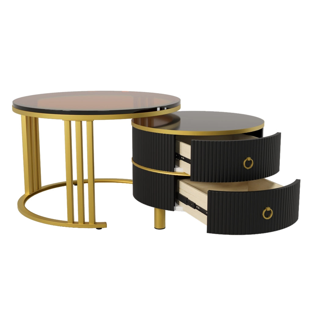 TAVOLINO da caffè rotondo 2 pezzi 70x70x45 + 50x50x40 cm nero e vetro