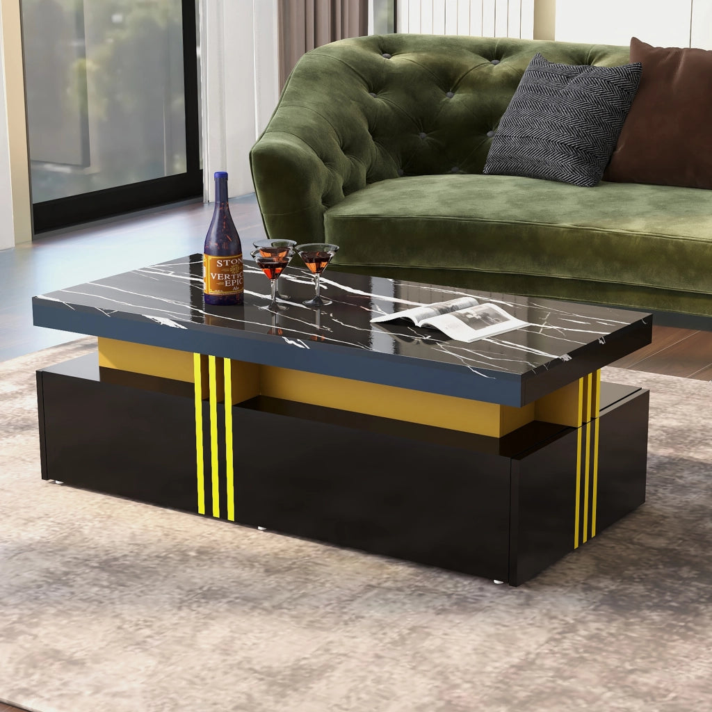 Tavolino da caff¨¨ rettangolare moderno nero con piano effetto marmo, 2 cassetti e struttura in truciolare, 100 x 50 x 40 cm