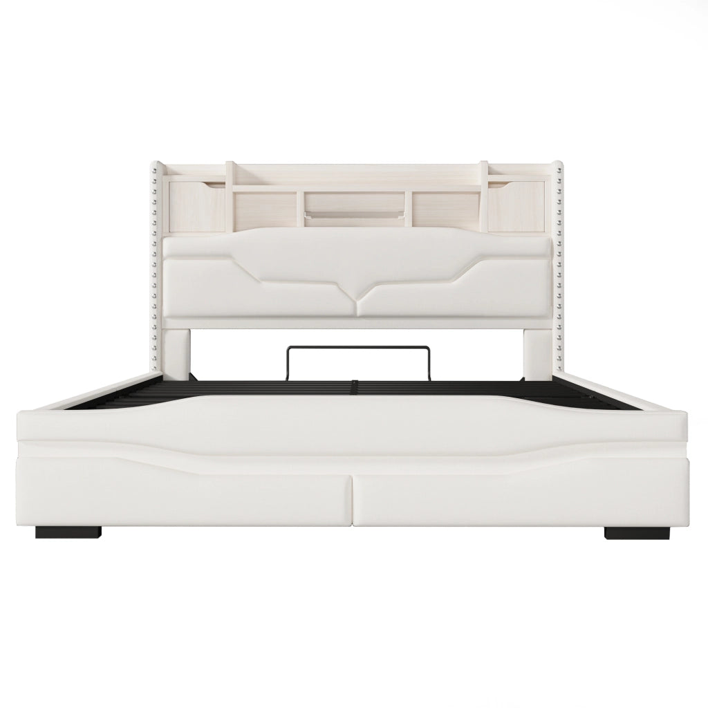 Letto matrimoniale 160x200 cm, con prese di ricarica, luci a LED, vano portaoggetti, beige