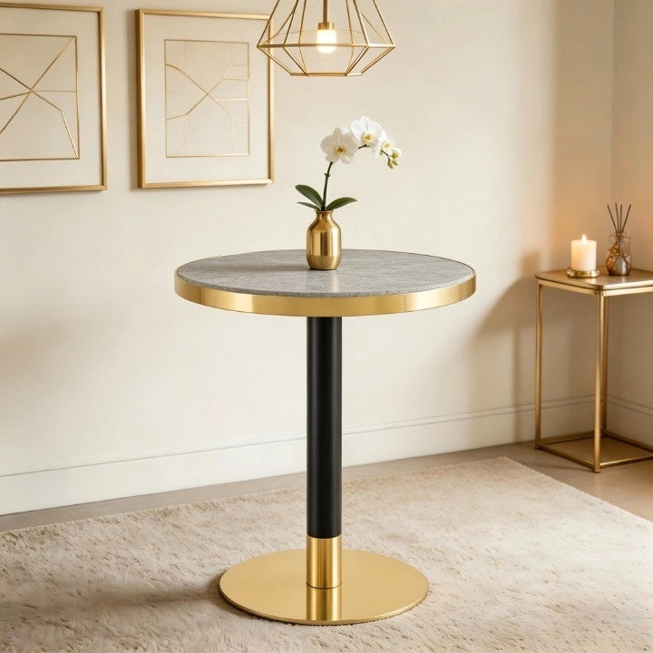Tavolo da pranzo - rotondo - effetto marmo - bordo oro - base nera/oro - versatile - per soggiorno