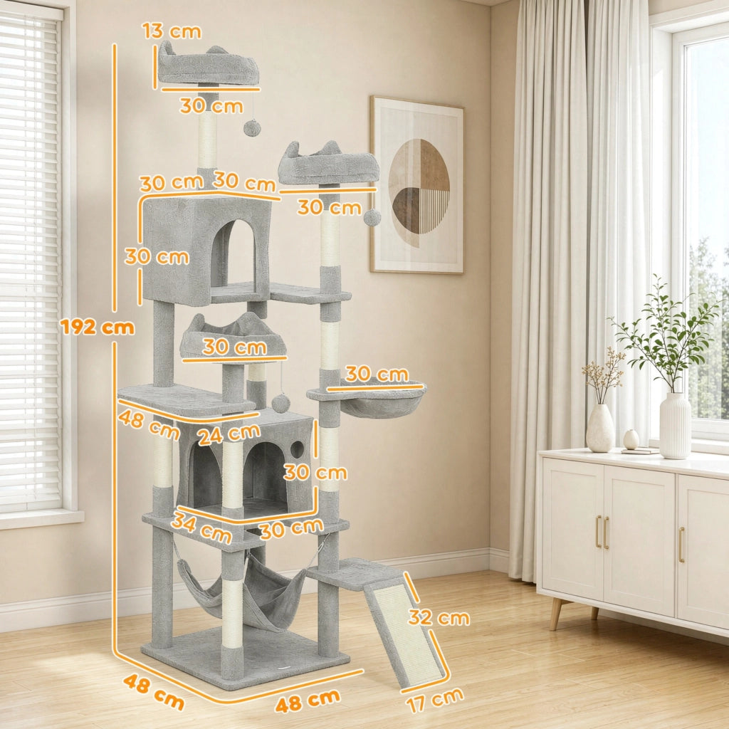 Albero tiragraffi a torre per gatti, con 8 pali per graffiare, 4 piattaforme, 2 nicchie, scaletta e 3 palline gioco, altezza totale 192 cm.