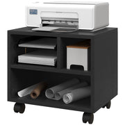 MOBILE PORTA STAMPANTE A 2 LIVELLI CON 3 SCOMPARTI E RUOTE PER UFFICIO E STUDIO, 40X30X36CM, NERO