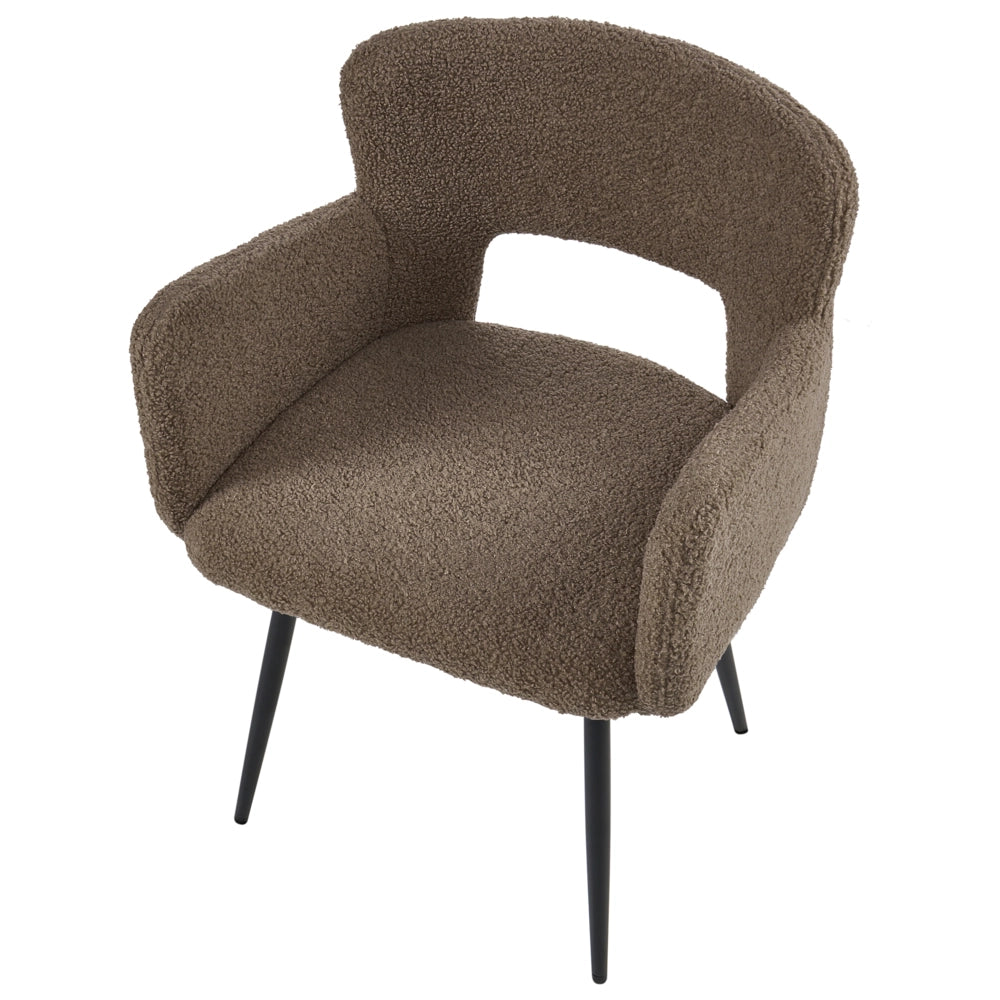 Set di 2 sedie Sedie da pranzo Marrone Teddy Bouclé con braccioli Schienale traforato Gambe in metallo nero