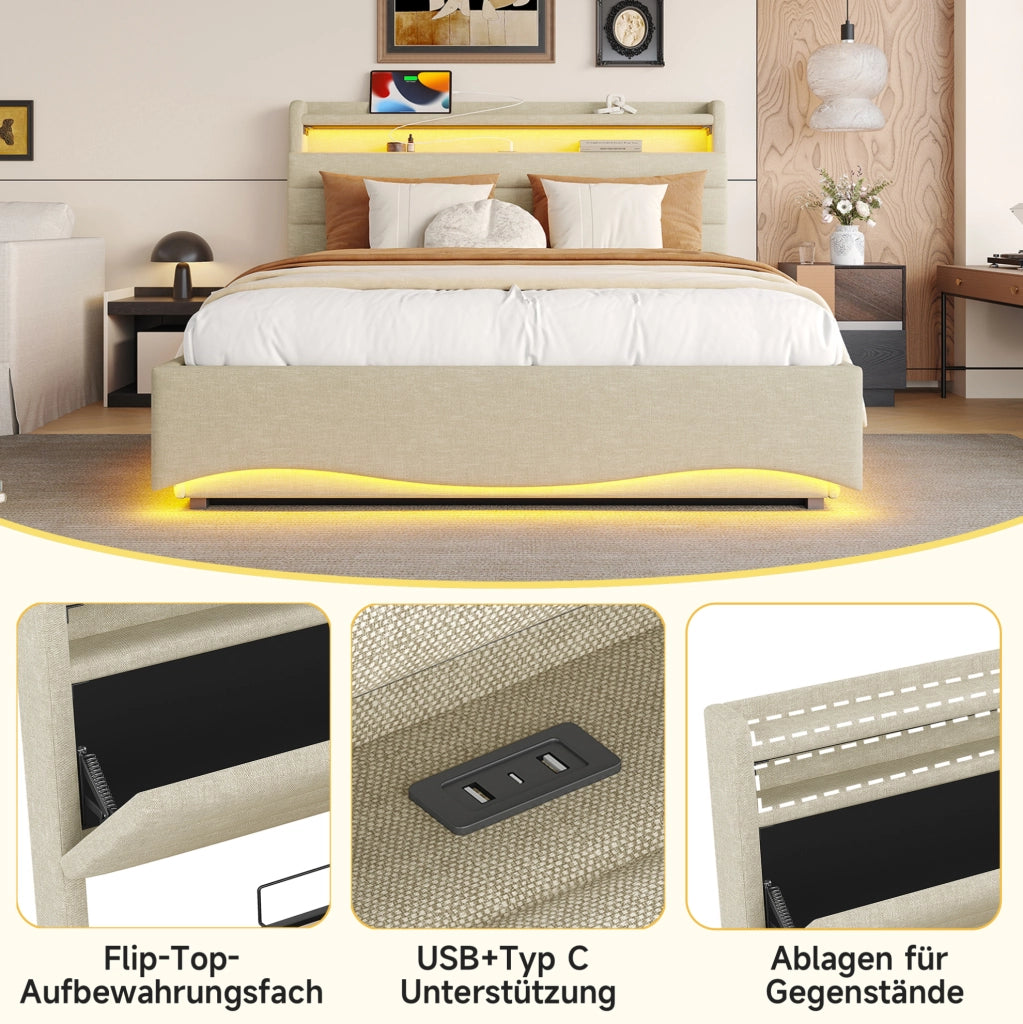 Letto imbottito 140x200 cm beige con LED, USB e Type-C