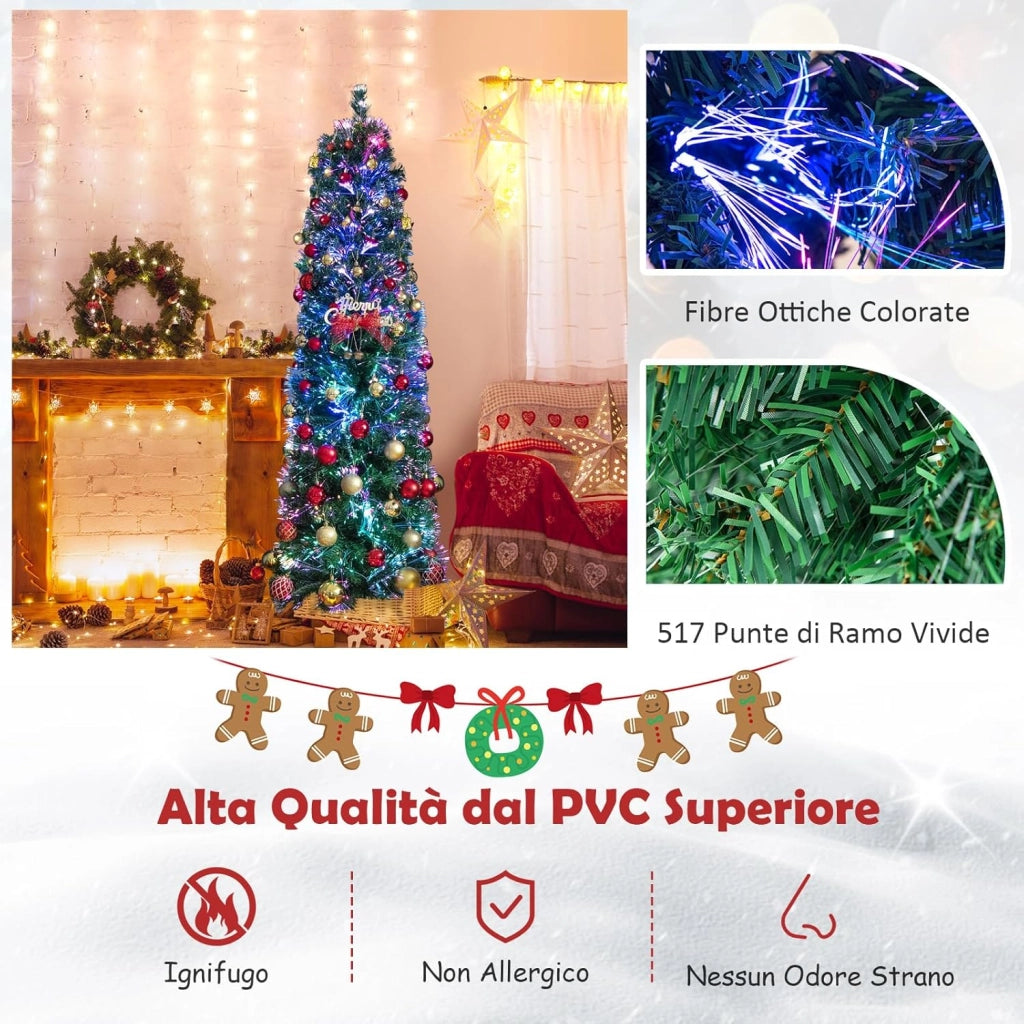 Albero di Natale Artificiale con Fibra Ottica 150/180 CM, Albero di Natale Slim Preluminato con 361/517 Rametti, Base in Metallo Pieghevole, Ideale per Casa, Ufficio e Feste (180 cm)