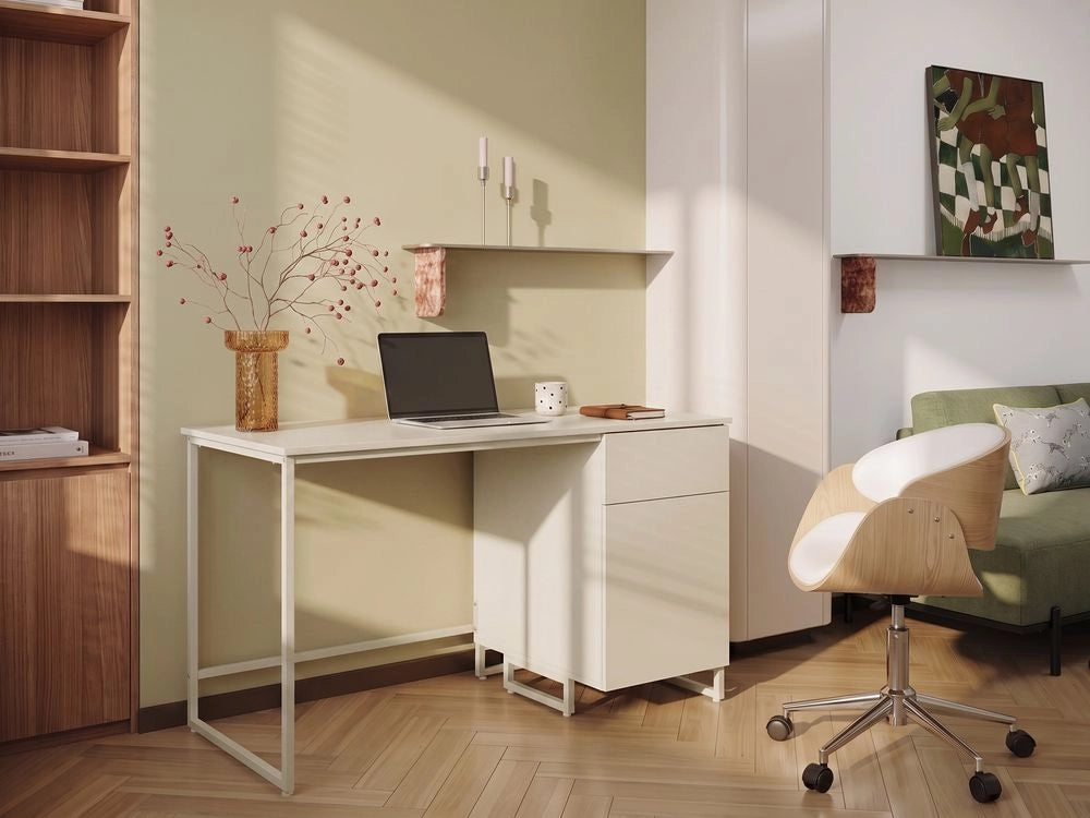 Scrivania da ufficio per casa in MDF beige chiaro, 120 x 60 cm, struttura in acciaio con cassetto e vano chiuso, design moderno e minimalista