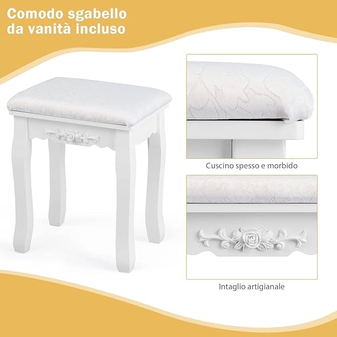 Set Toeletta da Trucco, Illuminata a 10 Lampadine LED, 4 Cassetti per Cosmetici, Specchio Regolabile e Staccabile, Sgabello Imbottito, Moderno ed Elegante, 75x40x145 cm, Bianco