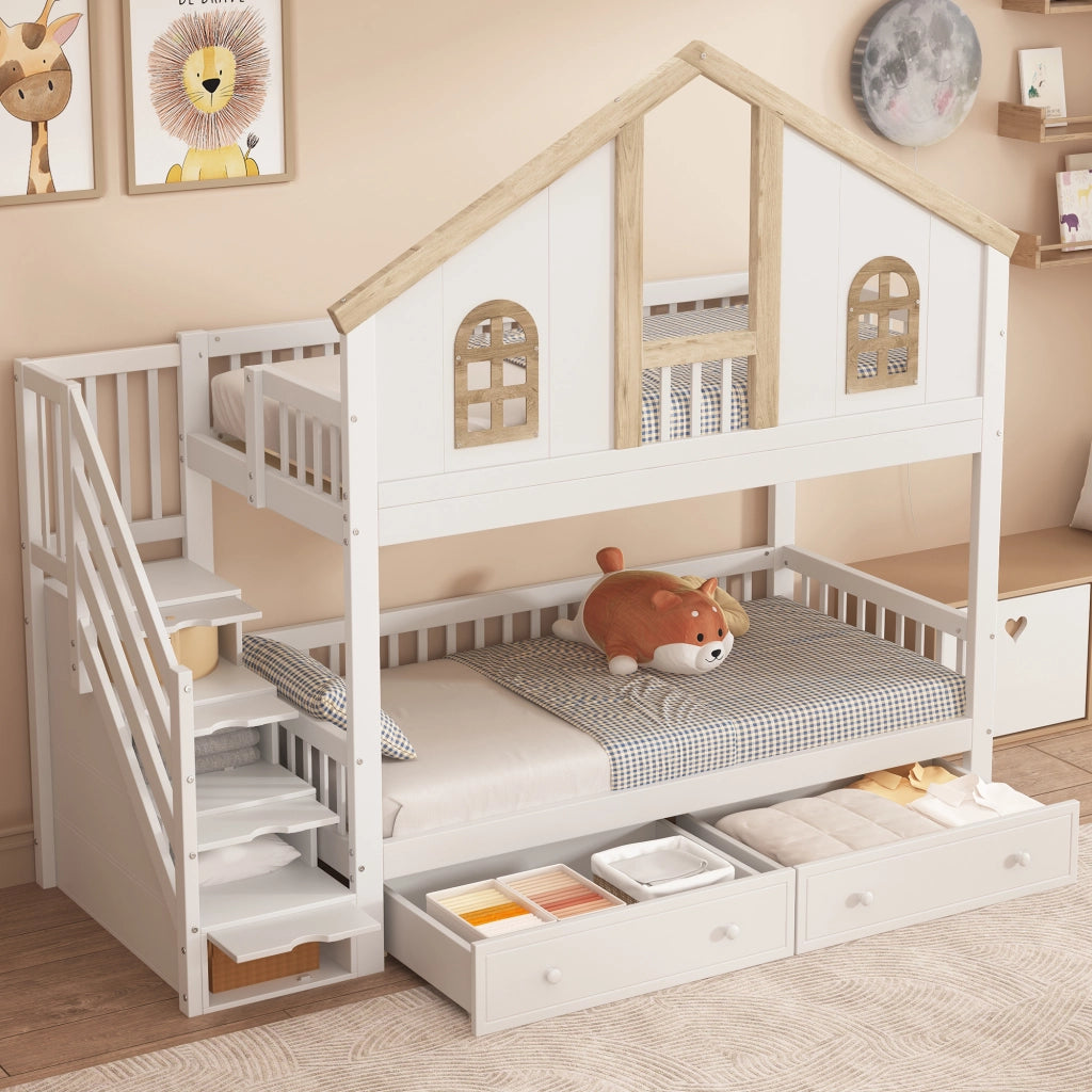 Letto a Castello 90x200 cm; Letto 2 Posti - Finestre; 2 Cassetti; Scala - in Legno Massello e MDF - Bianco e Naturale