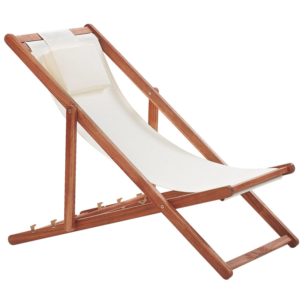 Sedia a sdraio da giardino in tessuto beige cuscino poggiatesta sedile reclinabile pieghevole struttura in legno di acacia