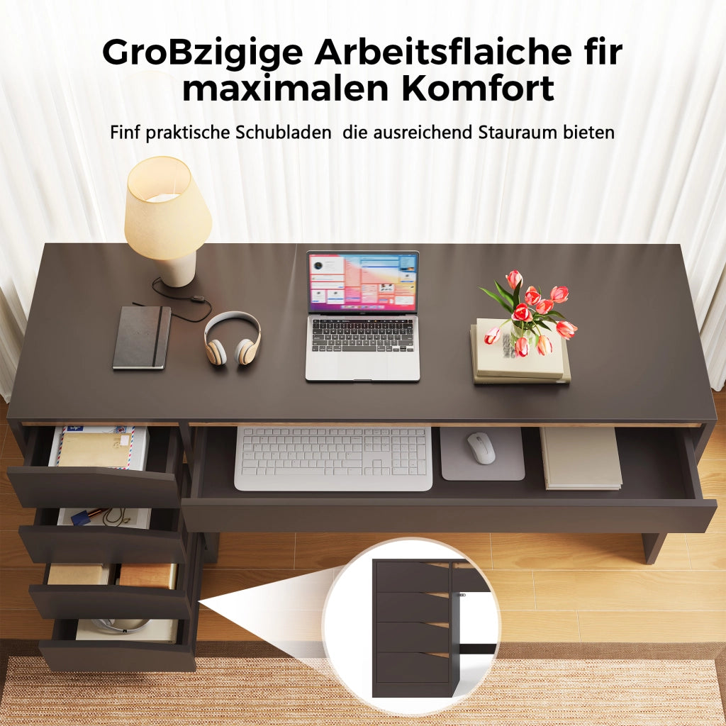 Scrivania dritta con 5 cassetti e piano ampio, grigio e rovere, per studio e camera, MDF, 140 × 50 × 78 cm