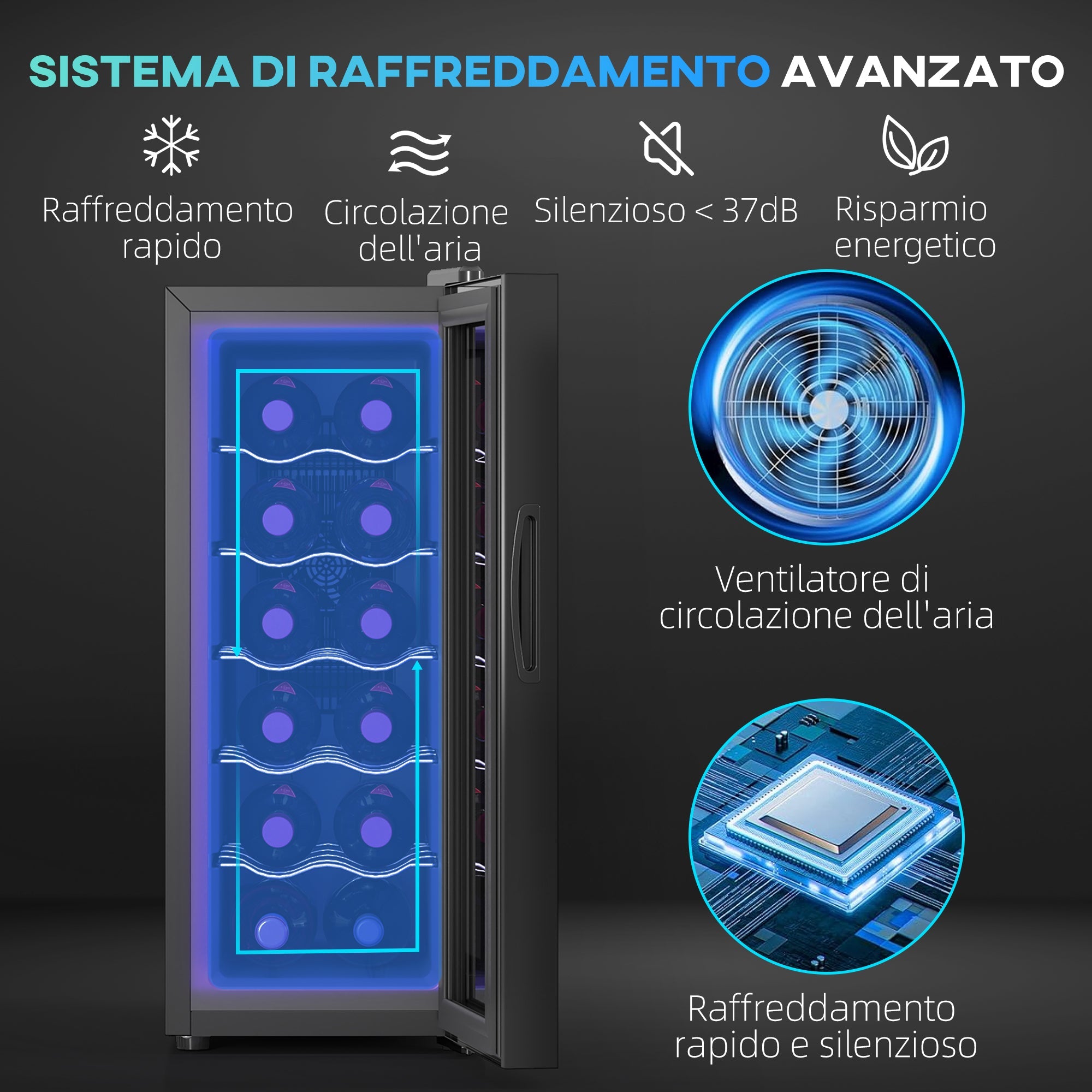 Cantinetta Vino Refrigerata per 12 Bottiglie Doppio Controllo Temperatura Ripiani Regolabili e Luci Nero