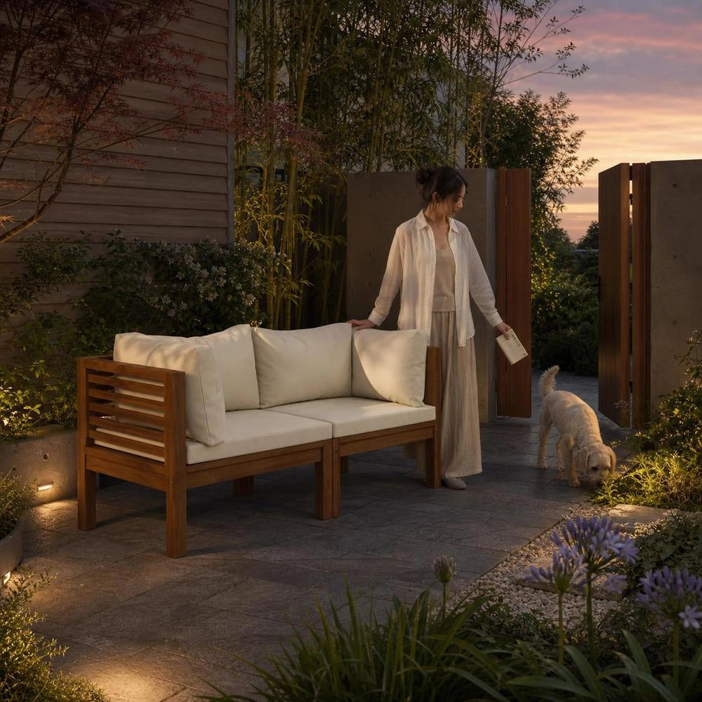 Corner Sofas, 2 Pieces, With Cream-white Cushions, Solid Acacia Wood