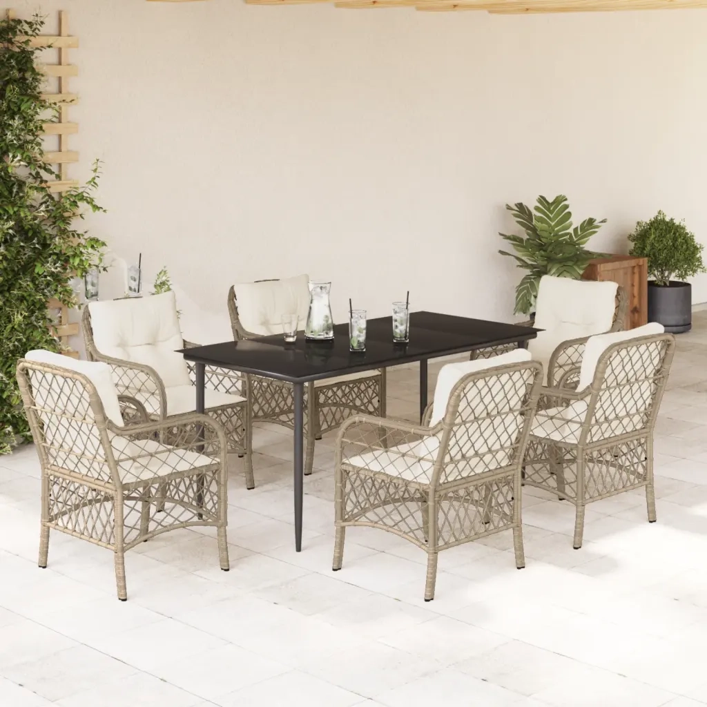 Set da Pranzo da Giardino 7 pz con Cuscini Beige in Polyrattan 3212142
