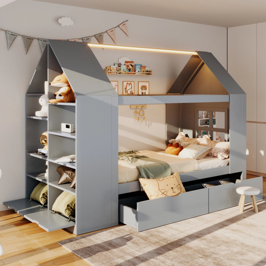 LETTO a casetta 90x200 cm in legno grigio con 2 cassetti e LED