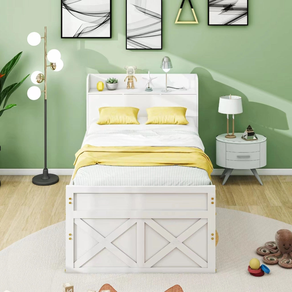 OKWISH Letto a Scomparsa 90×190 cm, Letto Singolo con Letto Estraibile, 2 Cassetti, USB e Comodino con Ripiani, senza Materasso, Legno Massello, Bianco