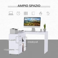 Scrivania Angolare per PC con 2 Cassetti e Ripiani Aperti, Scrivania ad Angolo Forma a L in Legno e Metallo, 117x83.5x76 cm, Bianco