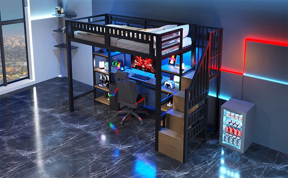DESMIU Letto a Soppalco 1 Posto con Scrivania, Scala Contenitore, USB e LED 90 × 200 cm, Senza Materasso, Nero