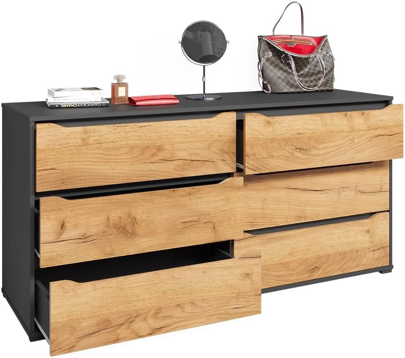 Credenza Ruben, Quercia dorata, 48 x 77.6 cm con cassetti, per riporre abiti e oggetti di uso quotidiano