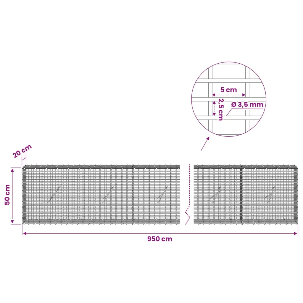 Gabione con filo da 3,5 mm e rete da 5x2,5 cm 950x20x50 cm 3461653
