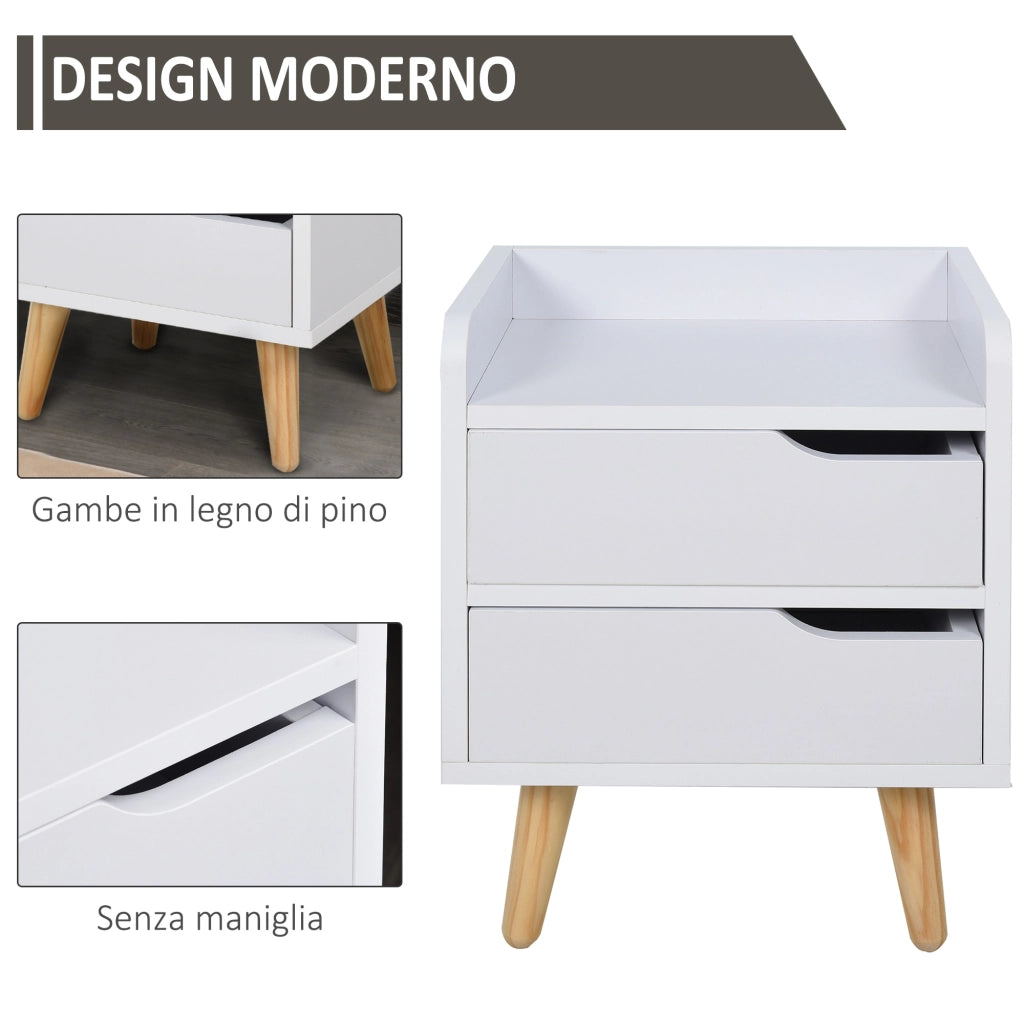 EasyComfort Comodino da Camera da Letto Salvaspazio, Moderno Comodino con 2 Cassetti, Design Semplice, Legno Bianco, Piedini in Legno di Pino, 33 x 28 x 42cm, Bianco