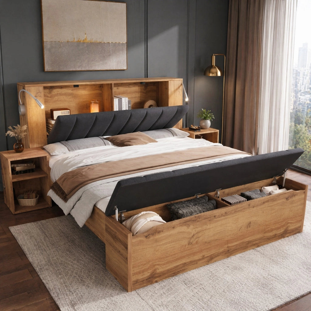 Letto matrimoniale 160x200 cm con comodini, panca e USB