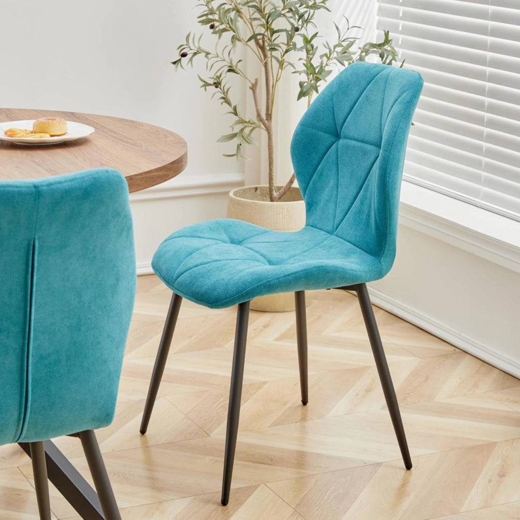 GrandCA HOME Set Tavolo e Sedie da Pranzo, Tavolo da Pranzo Rotondo da 100 CM e 4 Sedie Moderne in Lino, per Sala da Pranzo, Cucina, Soggiorno (Colore Marmo + Blu Lago)