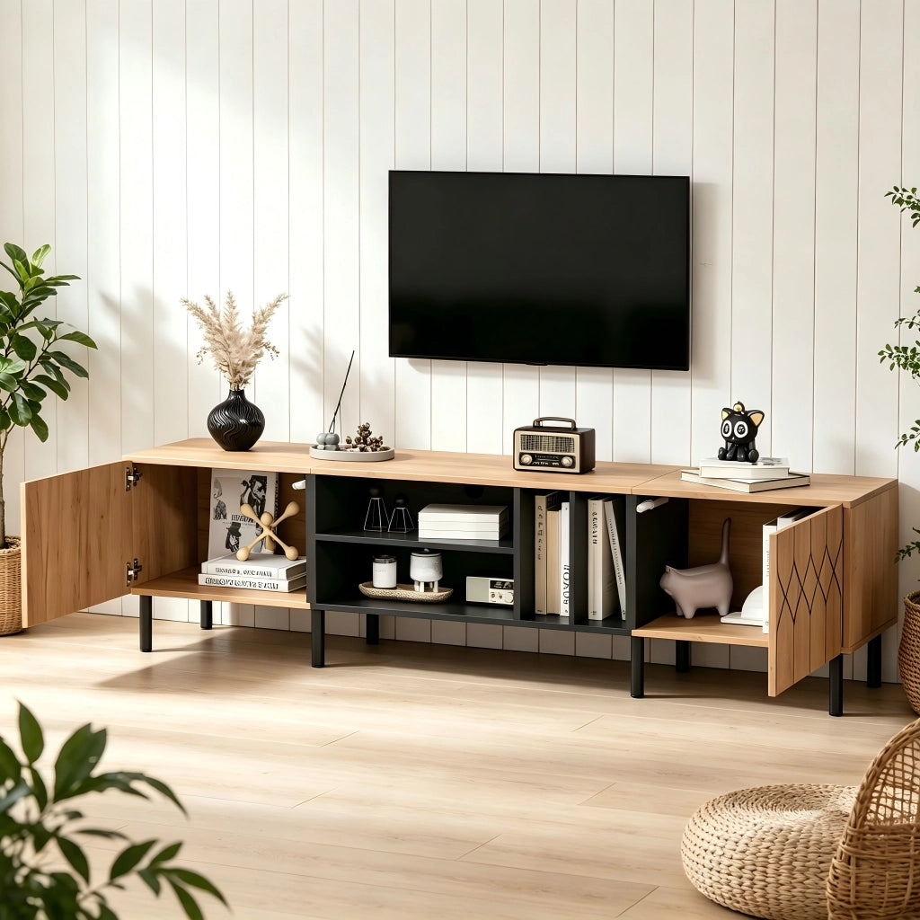 Mobile TV con 2 ante e 4 nicchie aperte; per soggiorno; 180 × 40 × 50 cm; in truciolare e MDF