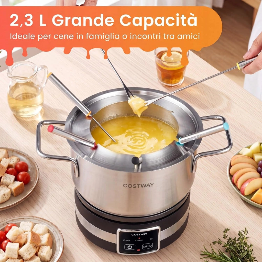 COSTWAY 1200W Set Fonduta Elettrica, in Acciaio Inox con Pentola da 2,3L, Base Riscaldante, 6 Forchette, per Formaggio Cioccolato, Temperatura Regolabile e Protezione dal Surriscaldamento
