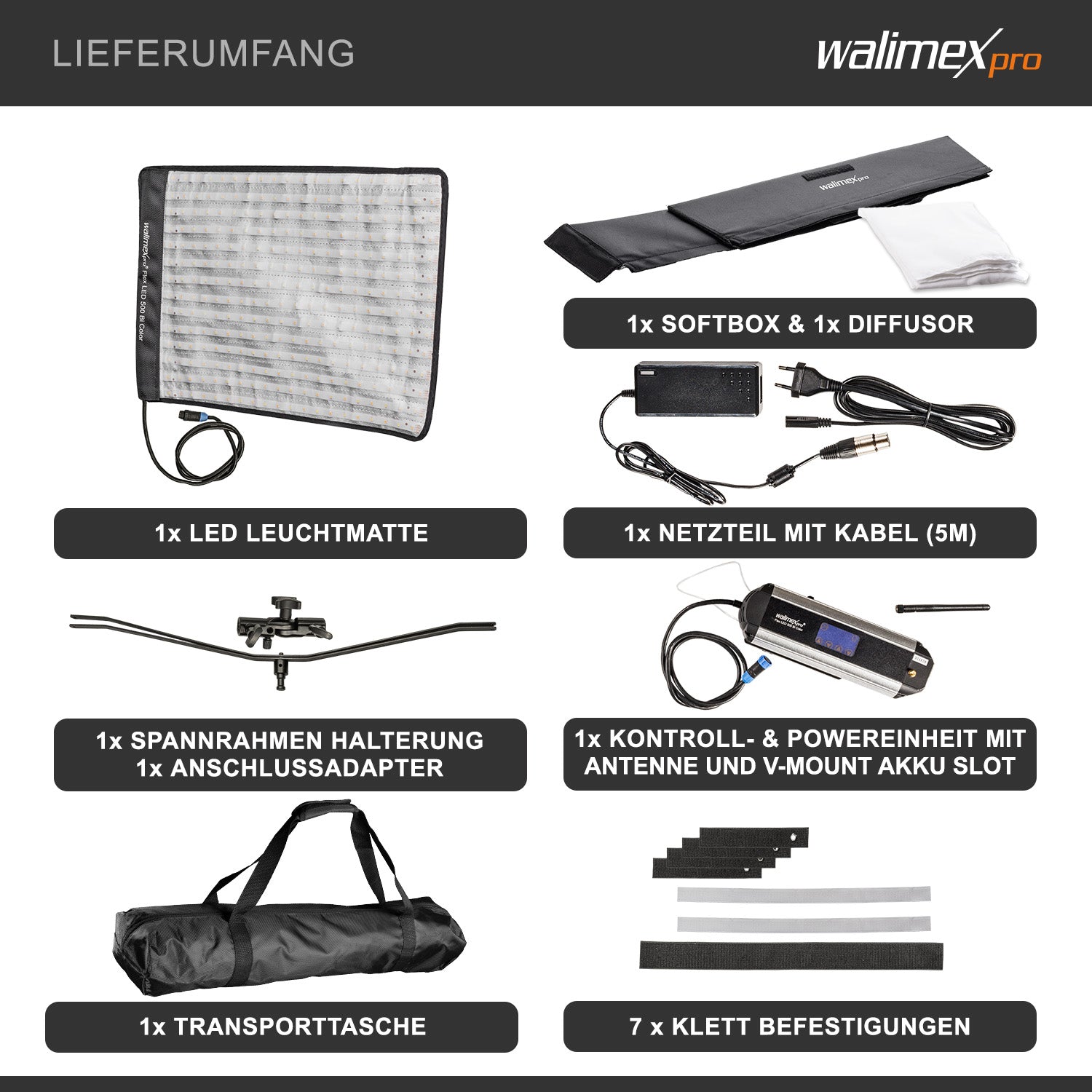 Flex 500 LED Set Pannello luminoso a LED bicolor con softbox con diffusore frontale, lampada da 50 W, 1.995 Lux/1m, luce fotografica dimmerabile, accessori fotografia