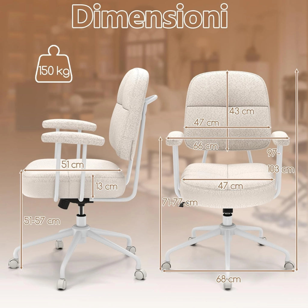 Sedia da Ufficio, con Schienale e Braccioli, Sedia Girevole Regolabile con Funzione a Dondolo e Ruote per Camera da Letto, Studio, Portata 150 kg (Bianco)