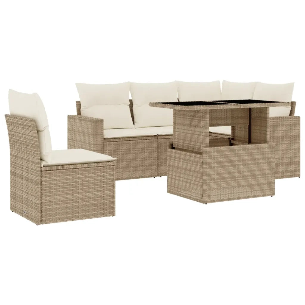 Set Divano da Giardino 6 pz con Cuscini Beige in Polyrattan