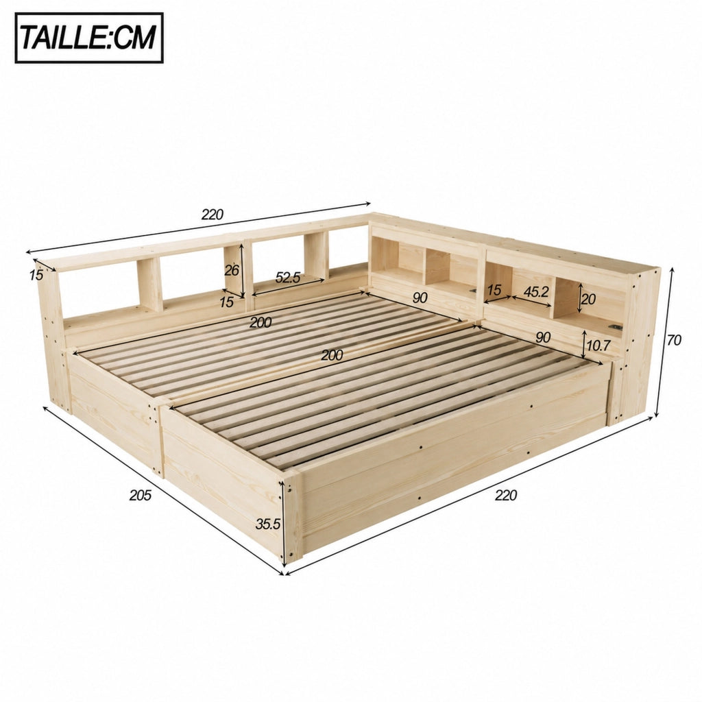 Letto divano 90/180 × 200 cm con prese integrate, contenitore, LED, senza materasso, in MDF, legno naturale