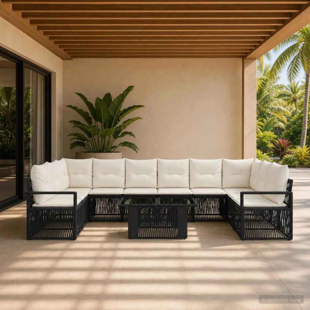 Set Divano da Giardino 11 pz Nero e Bianco Crema polyrattan 3437146