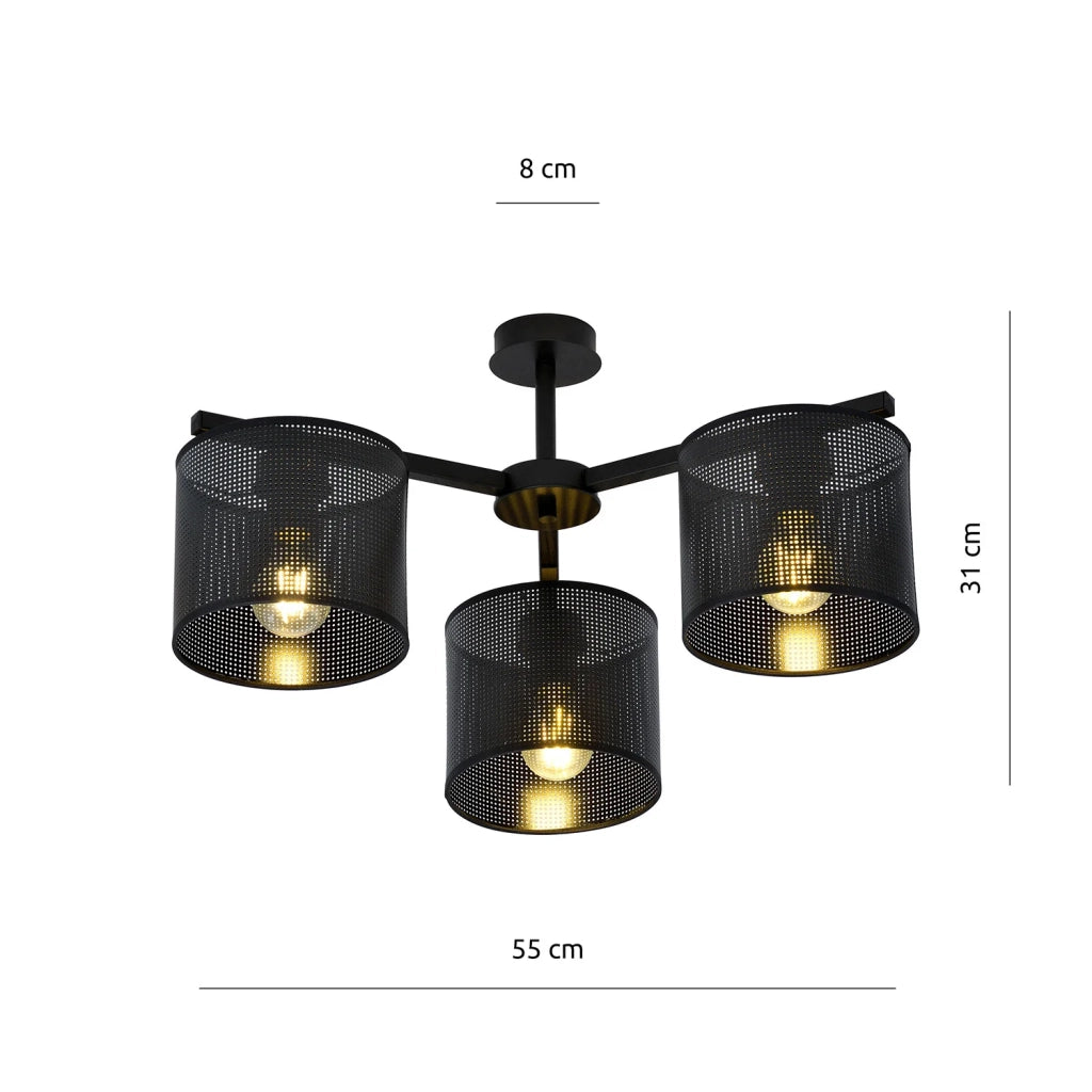 Plafoniera Industrial 3 Luci Cigno In Acciaio Nero E Paralumi A Cilindro