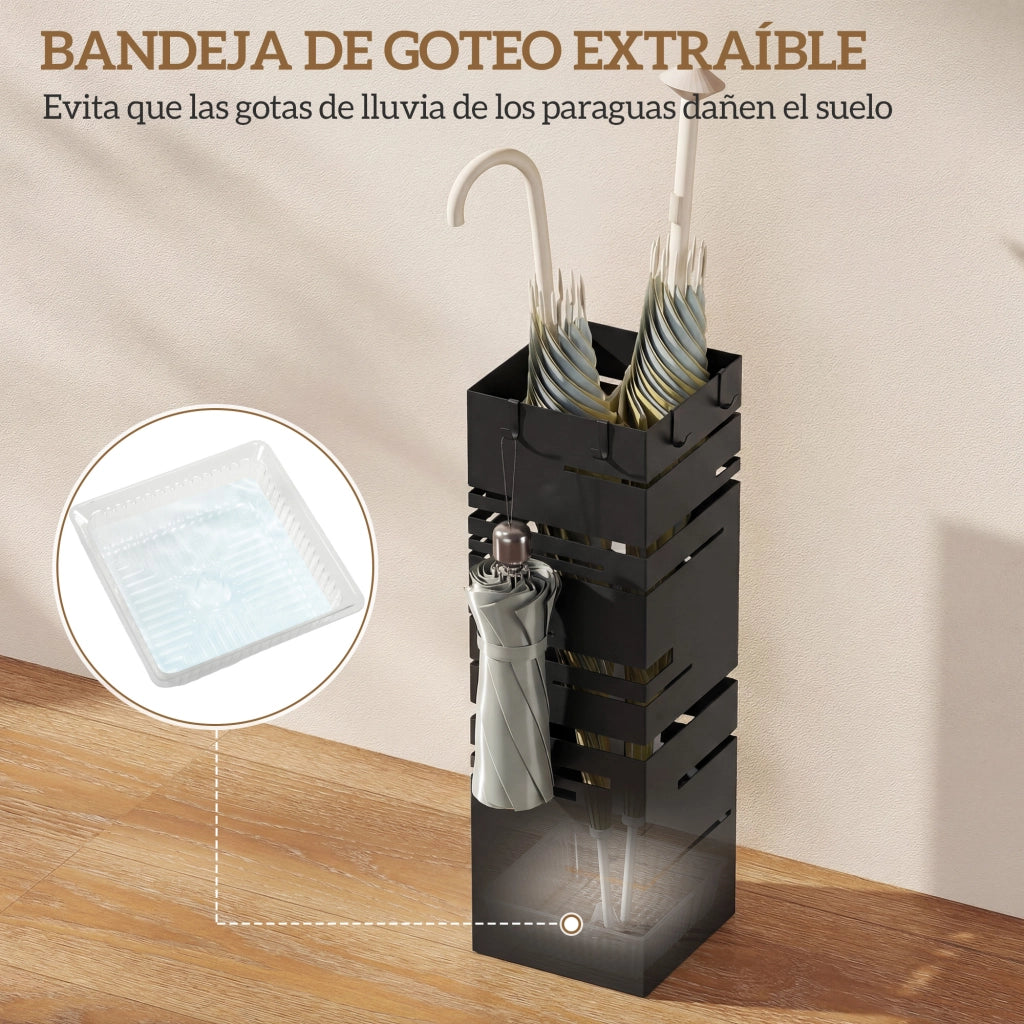 Portaombrelli con 4 Ganci e Bandeja di Gocciolamento ¨C Zephmum ¨C Nero 15.5x15.5x49 cm