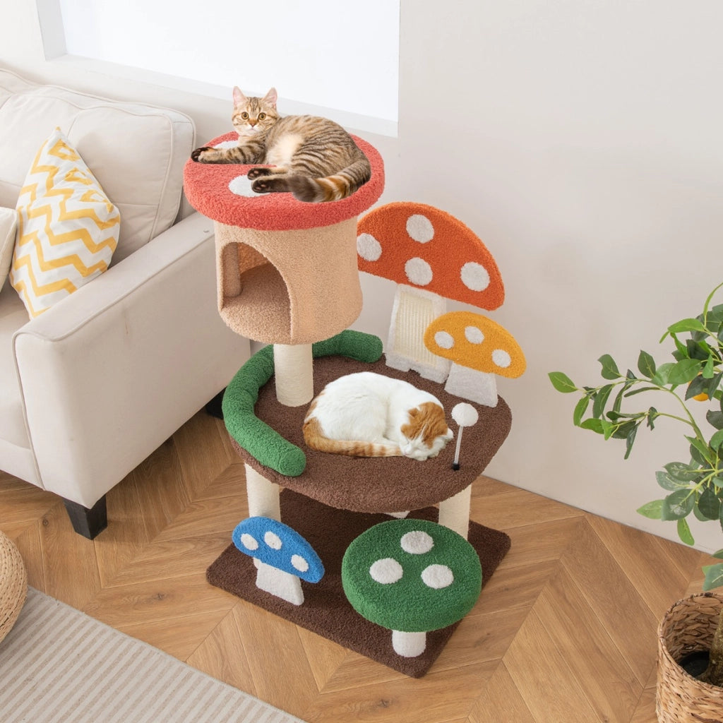 Albero per gatti a fungo 4-in-1 con condo, piattaforma e palla a molla, Torre multi-livello per gatti Colorato-Alberi Tiragraffi