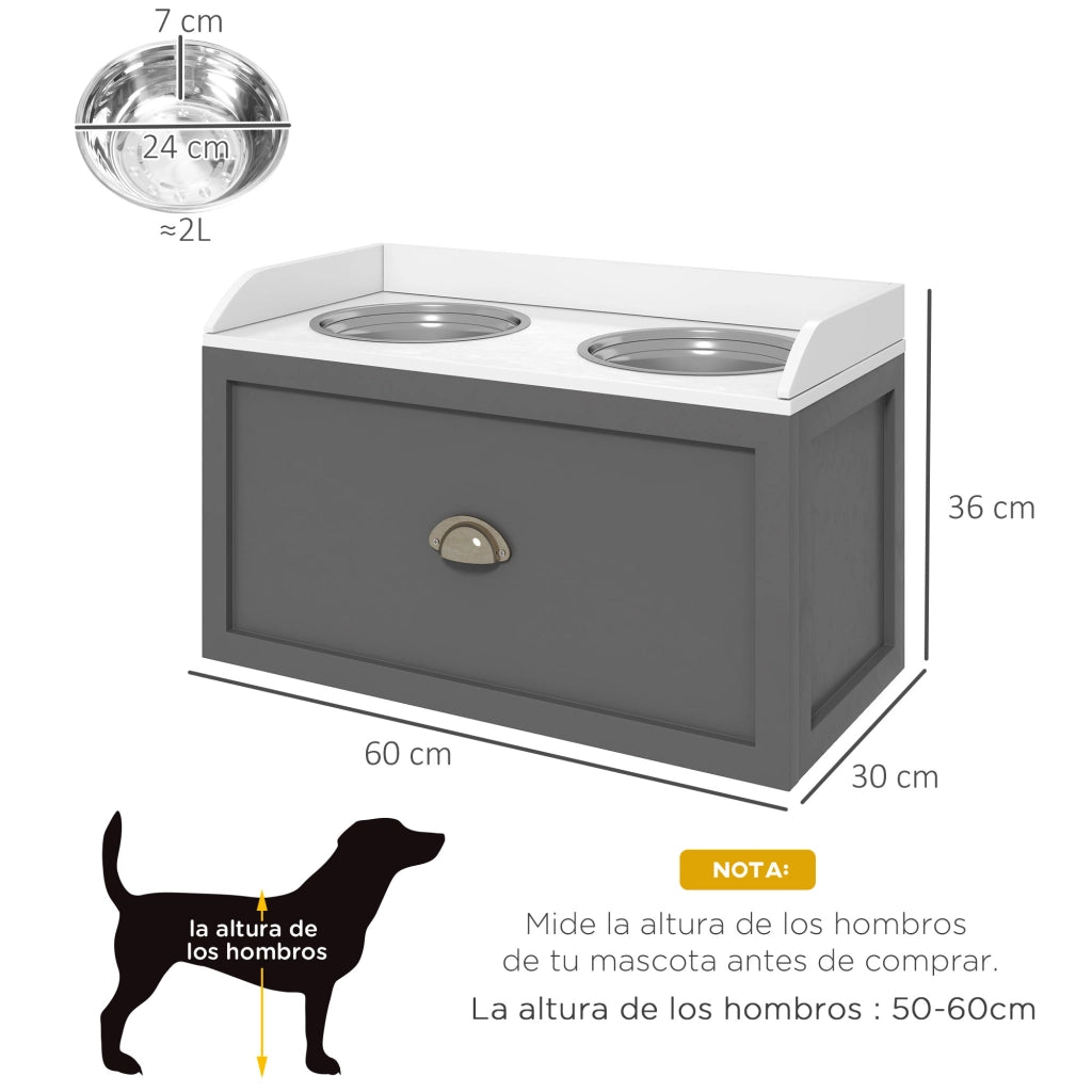 Tavolo per Cani con 2 Ciotole e Cassetto ¨C zephmum ¨C Grigio e Bianco 63x30x36 cm