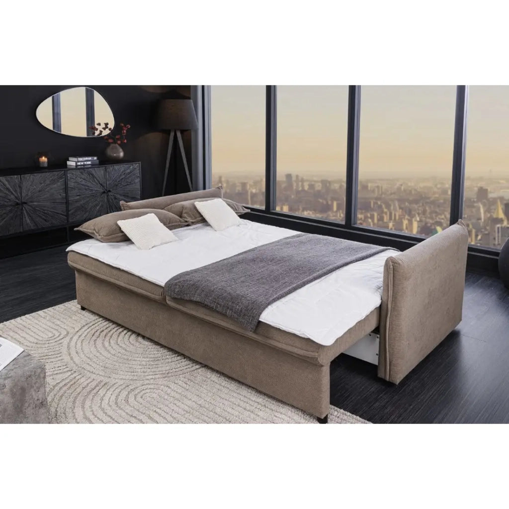 Divano destro CALDERO taupe trasformabile con contenitore – Divano letto in velluto a coste con spazio di stoccaggio integrato