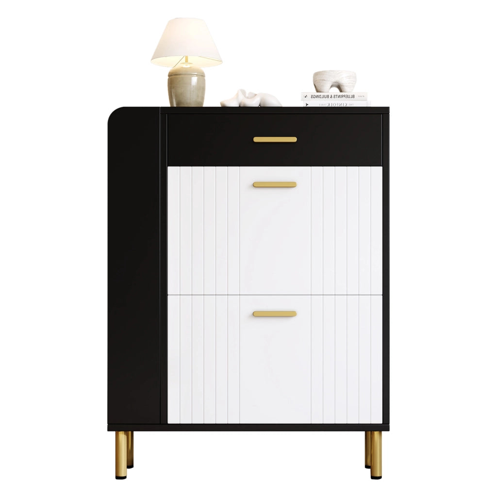 Scarpiera stretta con 2 ante ribaltabili 1 cassetto e 3 vani aperti in MDF e truciolare bianco nero 80 × 24 × 105 cm