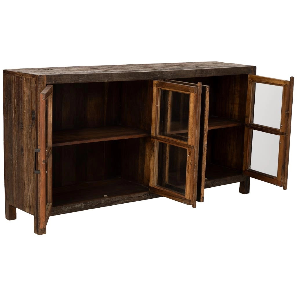 Credenza artigianale in legno con 4 ante marrone, 170x40x90h cm