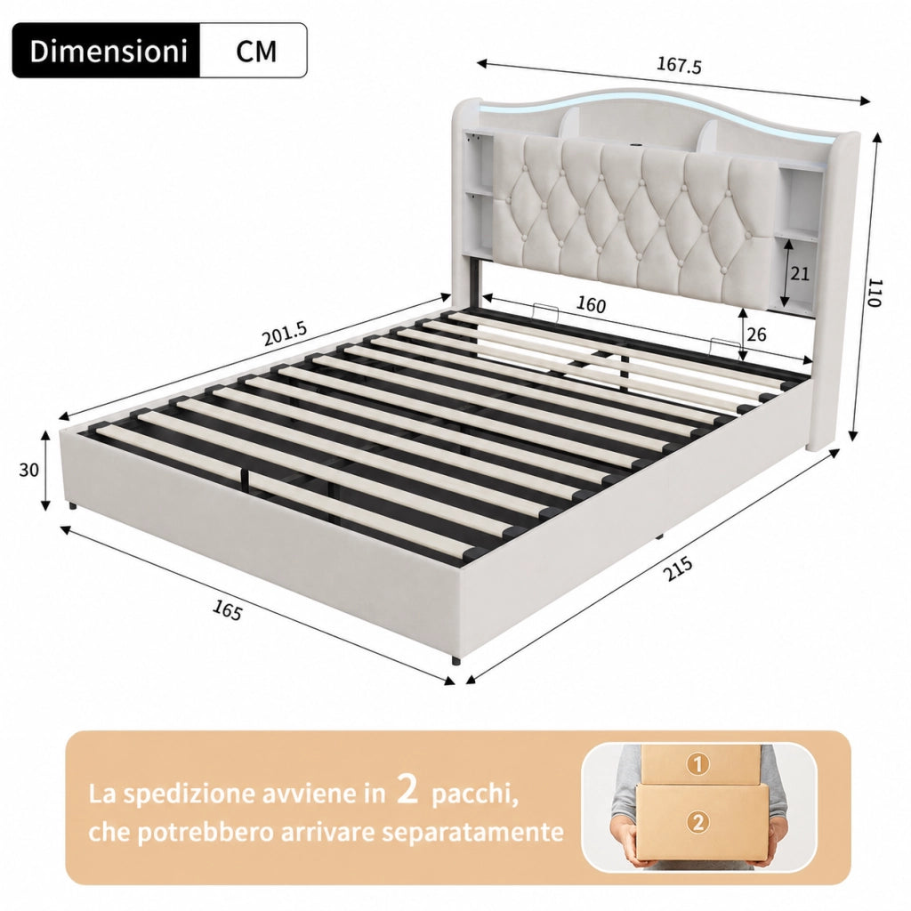 Letto a molle a sollevamento idraulico, testiera velluto beige, con luci LED RGB, stazioni di ricarica USB e wireless, scomparti porta oggetti, 160x200 cm