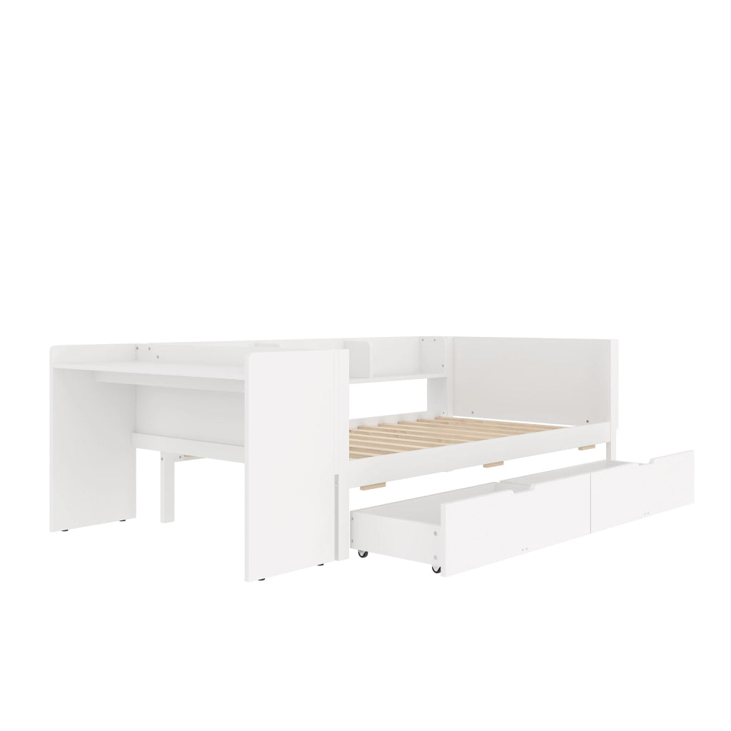 Letto singolo 90x200 cm con scrivania; 2 cassetti e 3 ripiani in pino bianco